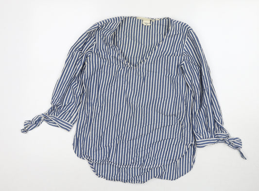 H&M Womens Blue Striped Cotton Basic Blouse Size 6 V-Neck