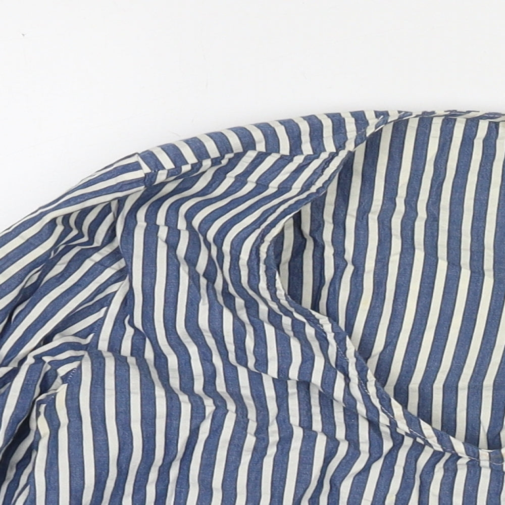 H&M Womens Blue Striped Cotton Basic Blouse Size 6 V-Neck