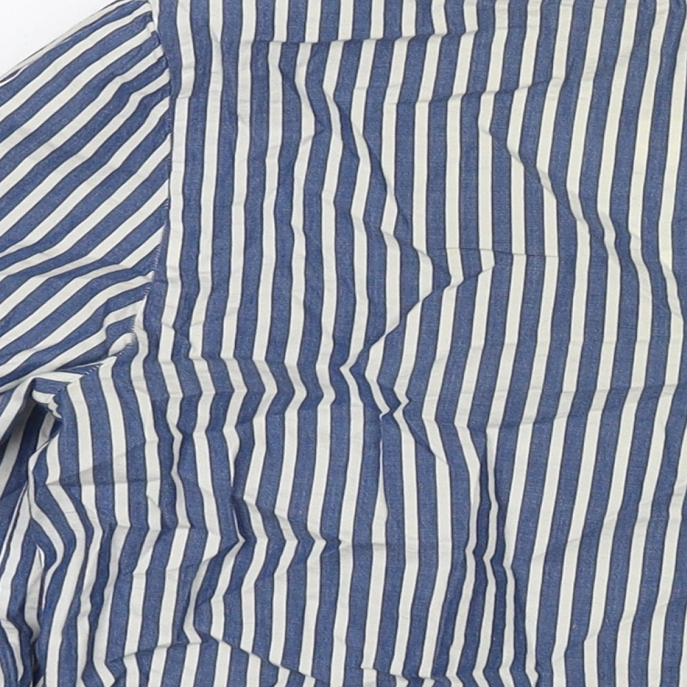 H&M Womens Blue Striped Cotton Basic Blouse Size 6 V-Neck