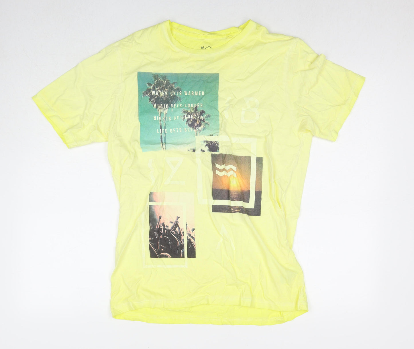 NEXT Mens Yellow Cotton T-Shirt Size M Round Neck - Palm Trees