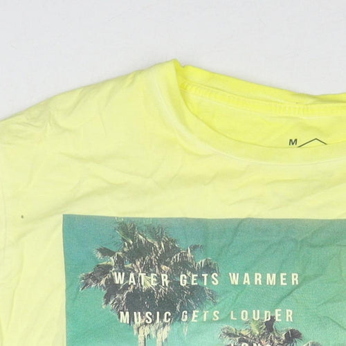 NEXT Mens Yellow Cotton T-Shirt Size M Round Neck - Palm Trees