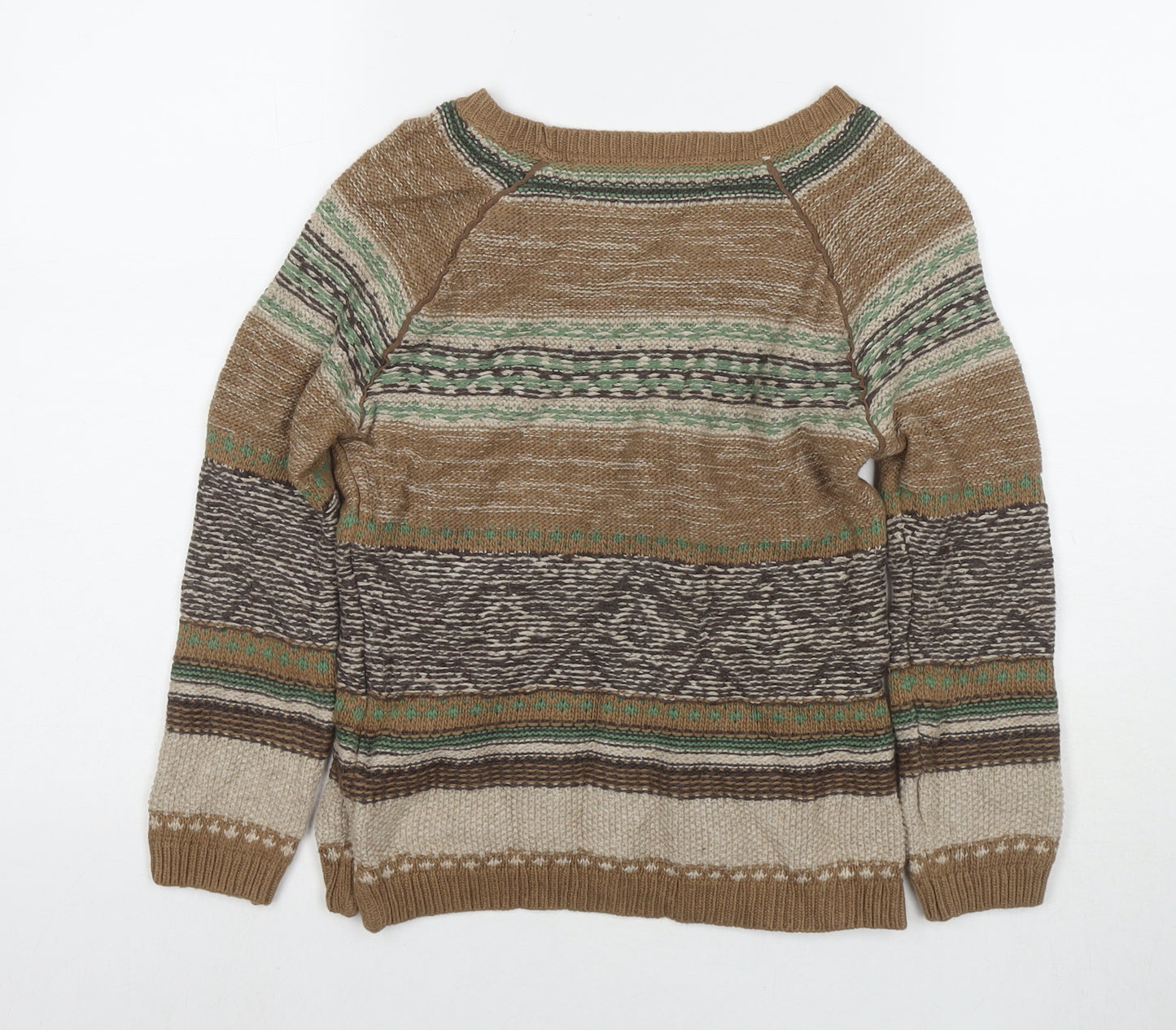 Zara Womens Beige Round Neck Fair Isle Cotton Pullover Jumper Size S