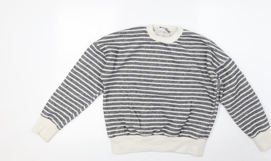 Zara Womens Grey Crew Neck Striped Cotton Pullover Jumper Size S