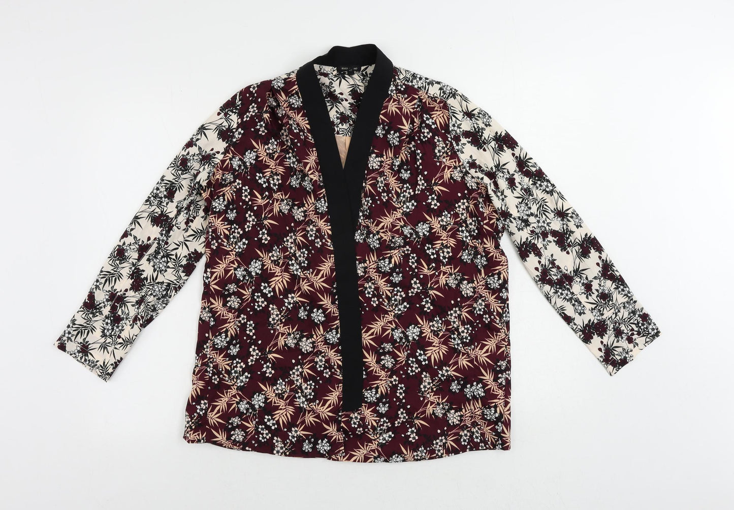 River Island Womens Purple Floral Polyester Kimono Blouse Size 8 V-Neck - Open