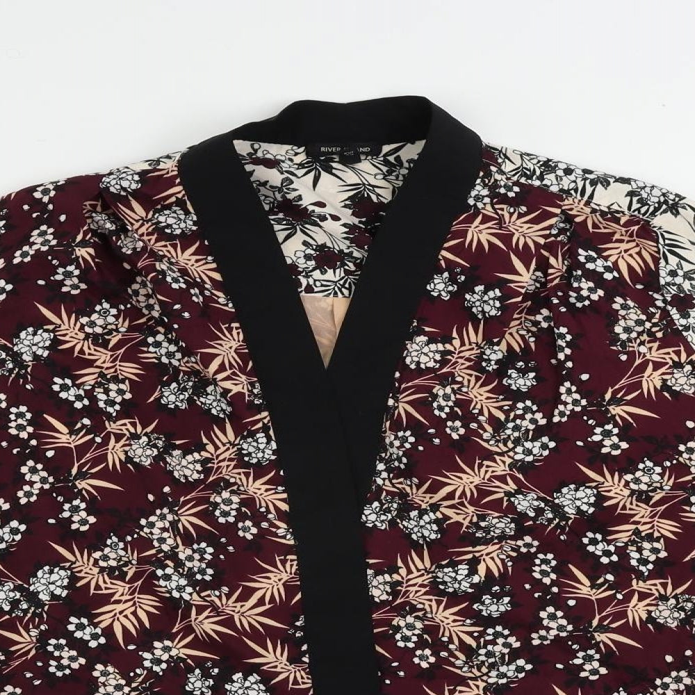 River Island Womens Purple Floral Polyester Kimono Blouse Size 8 V-Neck - Open