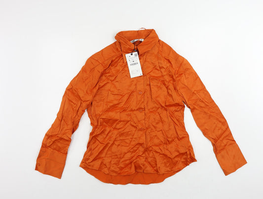 Zara Womens Orange Viscose Basic Button-Up Size L Collared