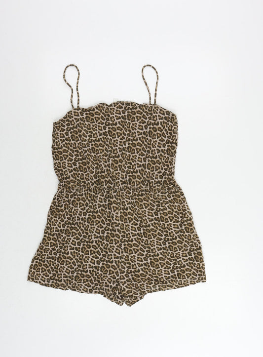 H&M Womens Brown Animal Print Viscose Playsuit One-Piece Size M Pullover