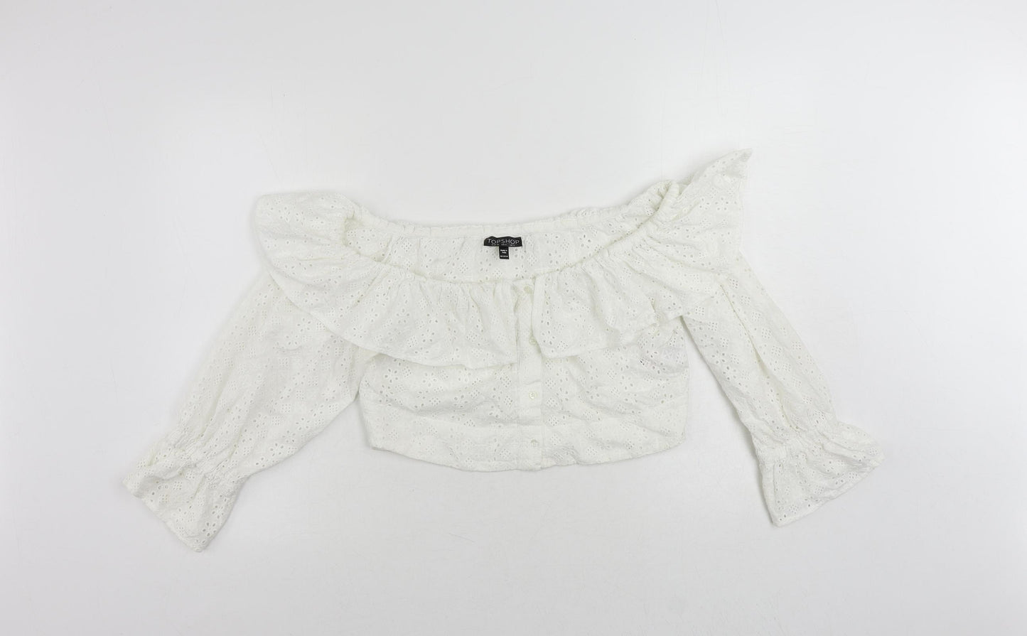 Topshop Womens White Cotton Cropped Blouse Size 8 Collared - Broderie Anglaise