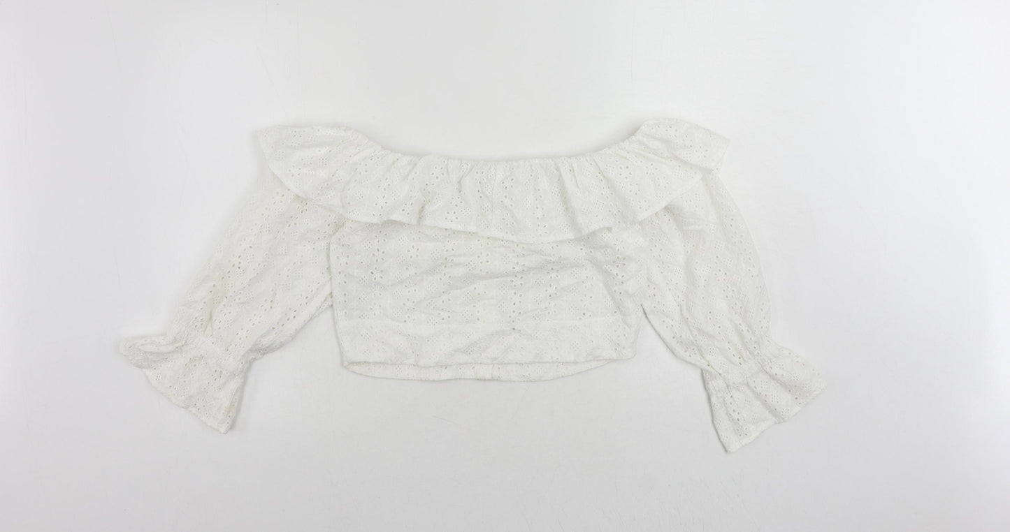 Topshop Womens White Cotton Cropped Blouse Size 8 Collared - Broderie Anglaise