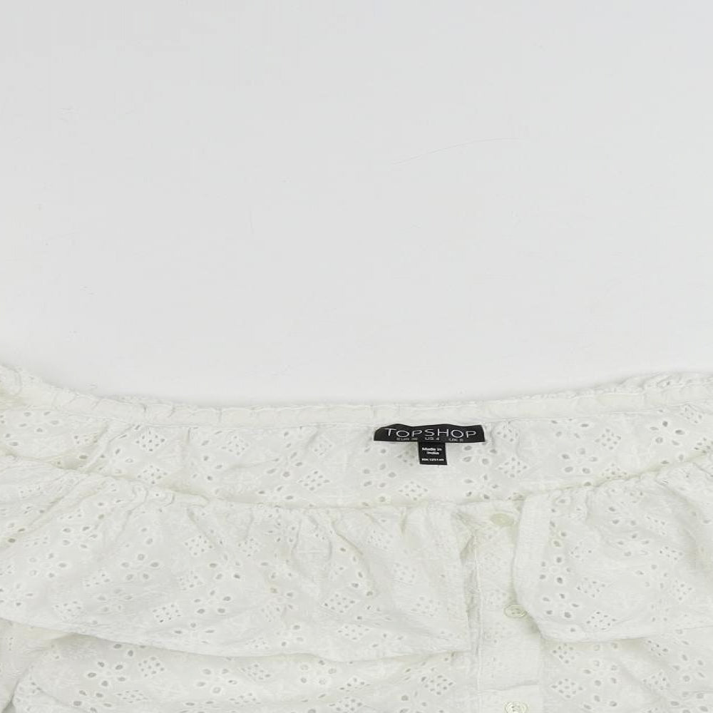 Topshop Womens White Cotton Cropped Blouse Size 8 Collared - Broderie Anglaise