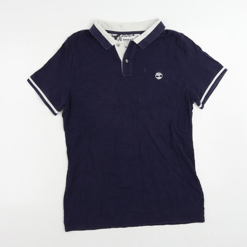 Timberland Mens Blue Cotton Polo Size L Collared Button - Vintage Logo