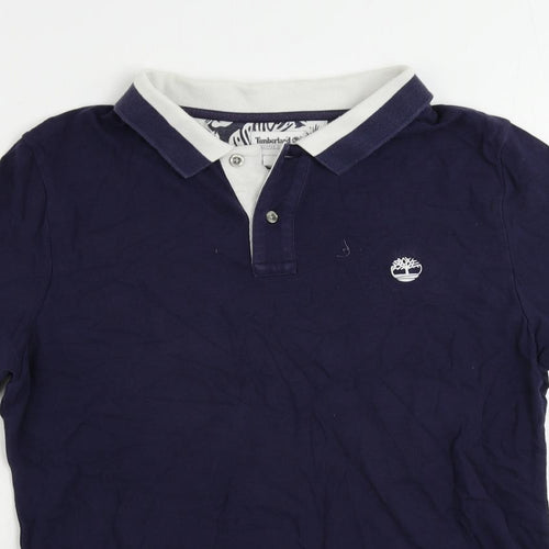 Timberland Mens Blue Cotton Polo Size L Collared Button - Vintage Logo