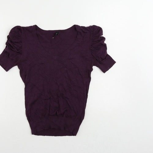 Topshop Womens Purple V-Neck Cotton Pullover Jumper Size 10 - Ruched Sleeve