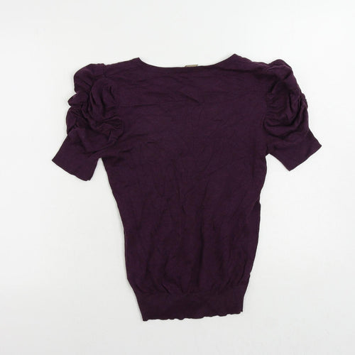 Topshop Womens Purple V-Neck Cotton Pullover Jumper Size 10 - Ruched Sleeve