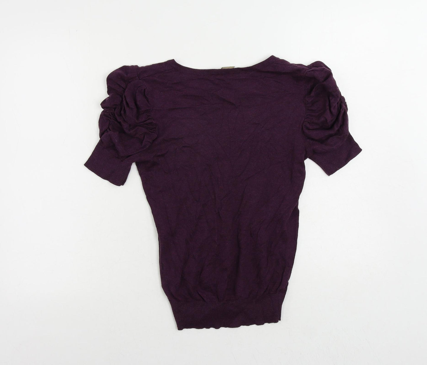 Topshop Womens Purple V-Neck Cotton Pullover Jumper Size 10 - Ruched Sleeve