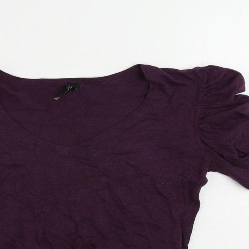 Topshop Womens Purple V-Neck Cotton Pullover Jumper Size 10 - Ruched Sleeve