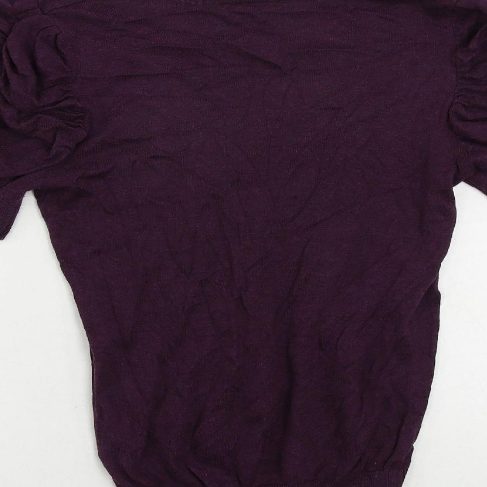 Topshop Womens Purple V-Neck Cotton Pullover Jumper Size 10 - Ruched Sleeve