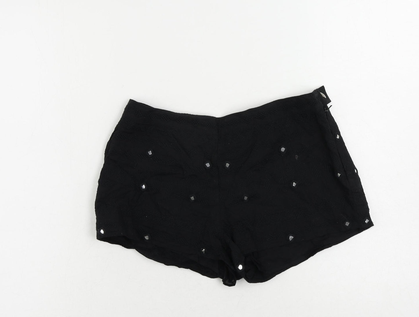 River Island Womens Black Cotton Hot Pants Shorts Size 10 L3 in Regular Zip - Embellished