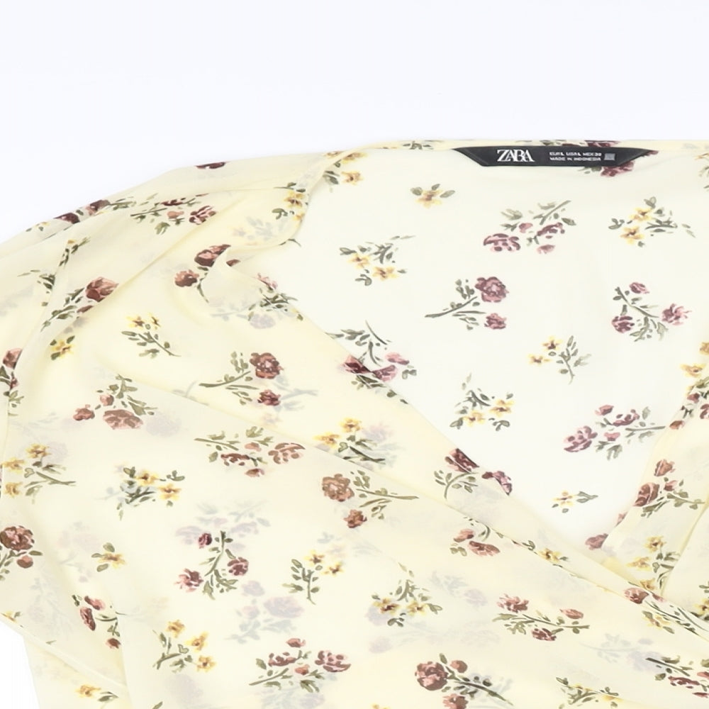 Zara Womens Yellow Floral Polyester Wrap Blouse Size L V-Neck