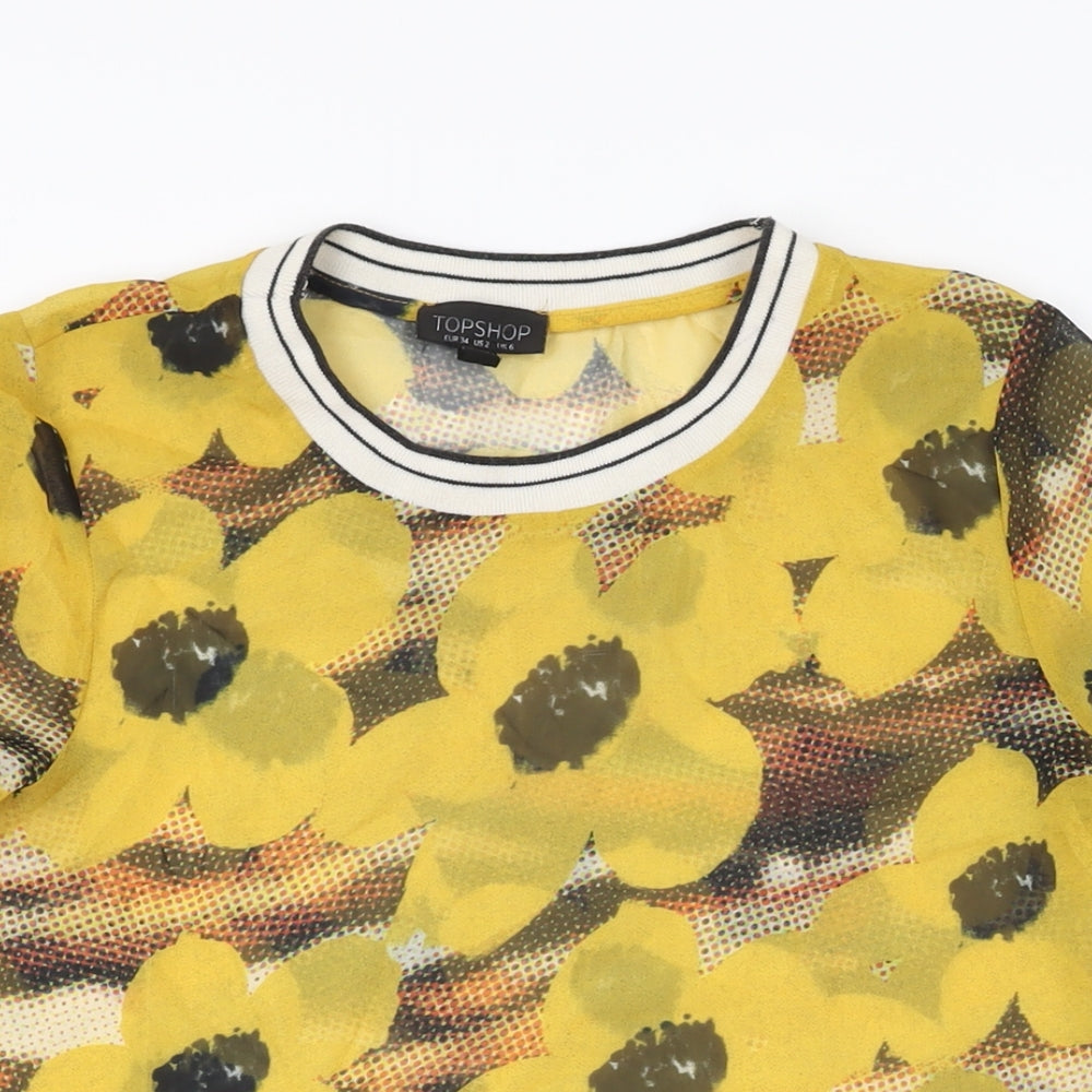 Topshop Womens Yellow Floral Polyester Basic T-Shirt Size 6 Round Neck