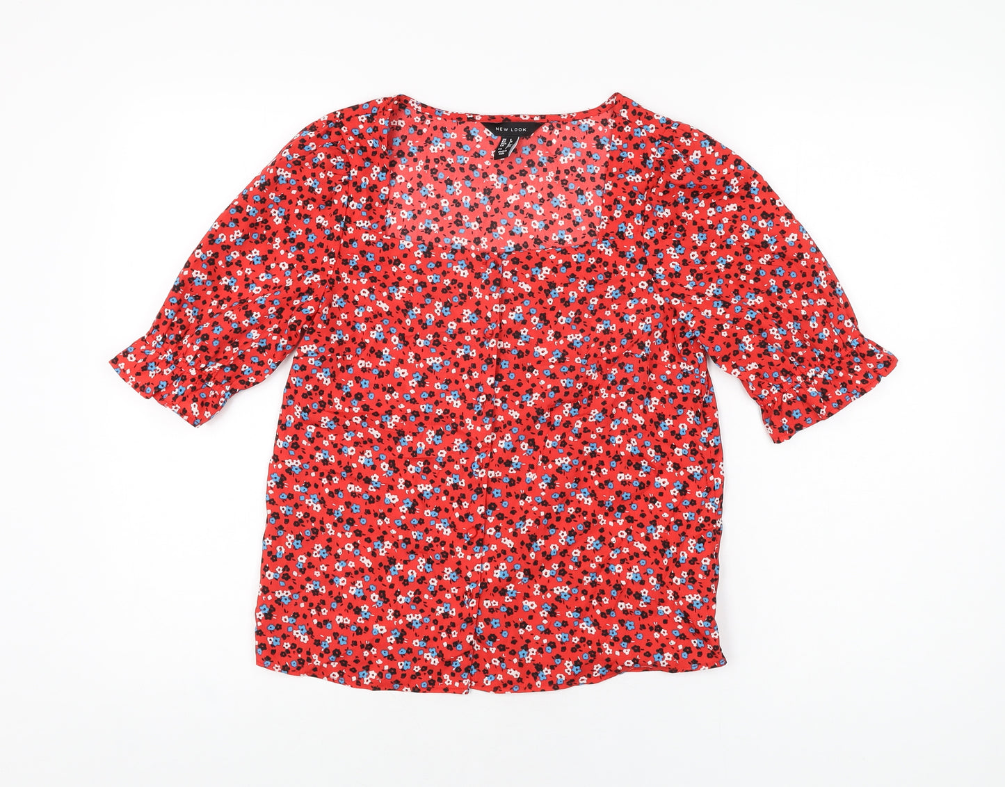 New Look Womens Red Floral Polyester Basic Button-Up Size 6 Square Neck