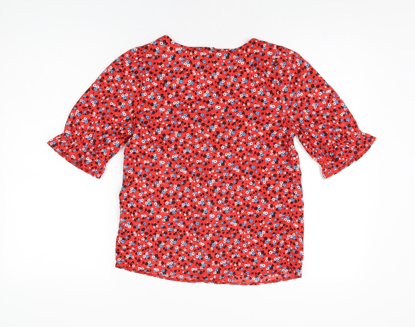 New Look Womens Red Floral Polyester Basic Button-Up Size 6 Square Neck