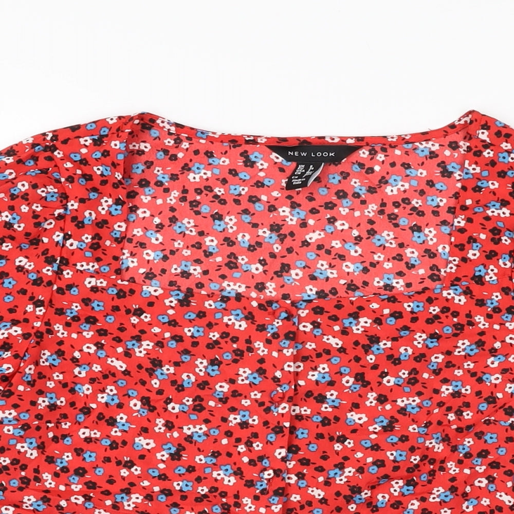 New Look Womens Red Floral Polyester Basic Button-Up Size 6 Square Neck