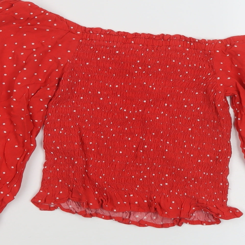 New Look Womens Red Polka Dot Viscose Cropped Blouse Size 6 Square Neck