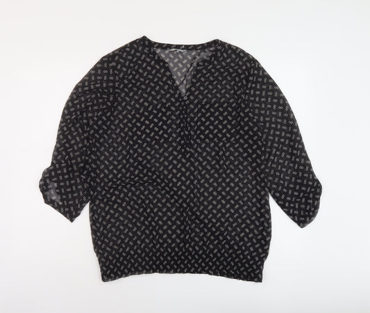 Marks and Spencer Womens Black Geometric Polyester Basic Blouse Size 14 V-Neck