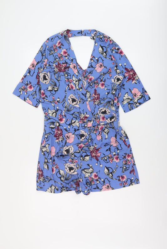 Influence Womens Blue Floral Polyester Playsuit One-Piece Size 8 Button