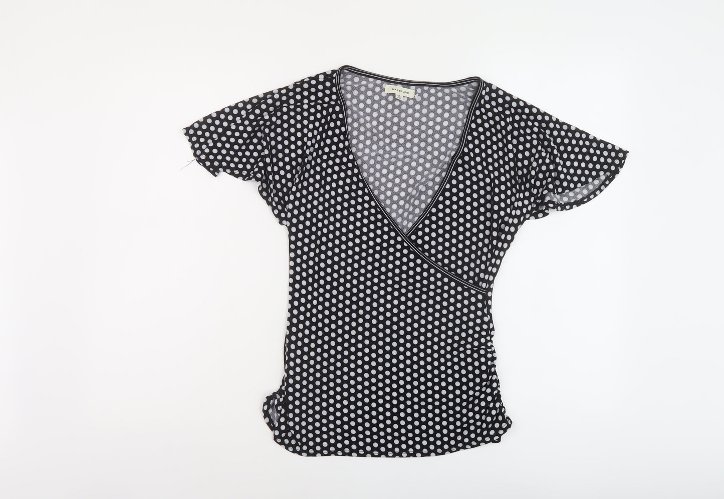 Max Studio Womens Black Polka Dot Polyester Basic T-Shirt Size S V-Neck