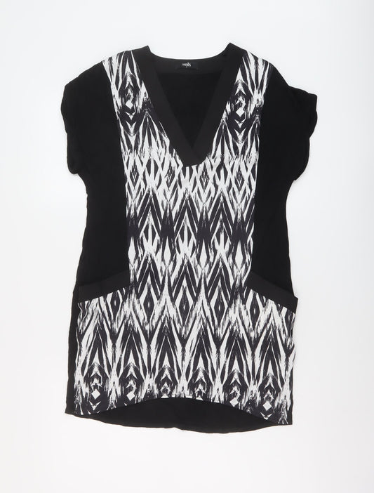 Wallis Womens Black Geometric Viscose Tunic Blouse Size S V-Neck