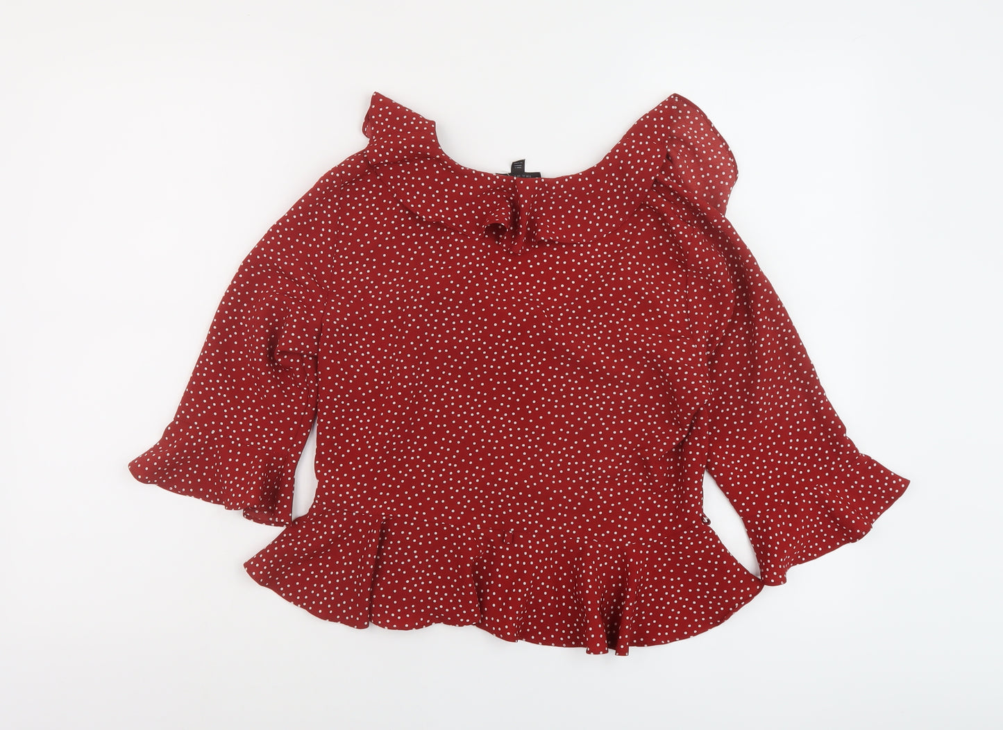 Topshop Womens Red Polka Dot Polyester Basic Blouse Size 8 V-Neck