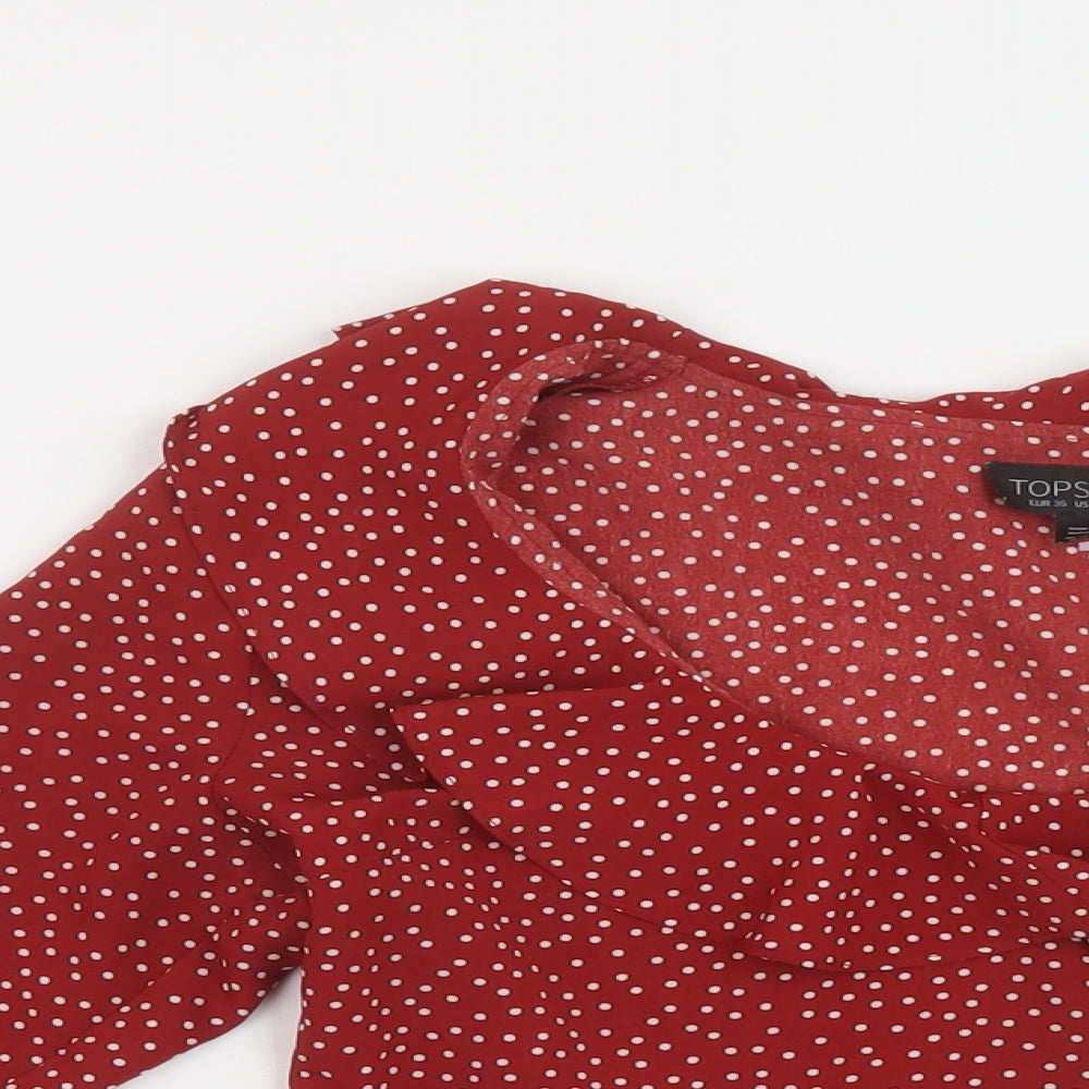 Topshop Womens Red Polka Dot Polyester Basic Blouse Size 8 V-Neck