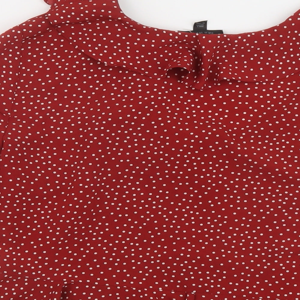 Topshop Womens Red Polka Dot Polyester Basic Blouse Size 8 V-Neck