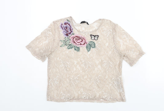 New Look Womens Beige Polyester Basic Blouse Size 10 Round Neck - Floral Embroidery