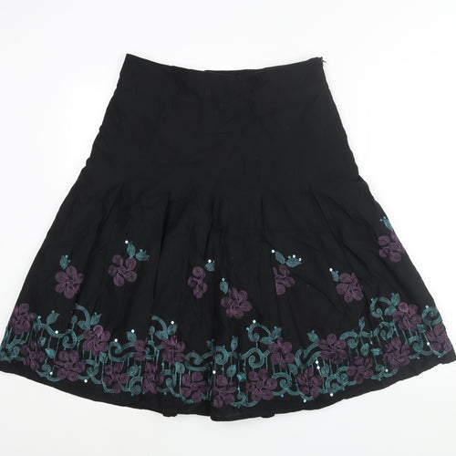 Bonmarché Womens Black Cotton A-Line Skirt Size 12 Zip - Floral Embroidery Sequin