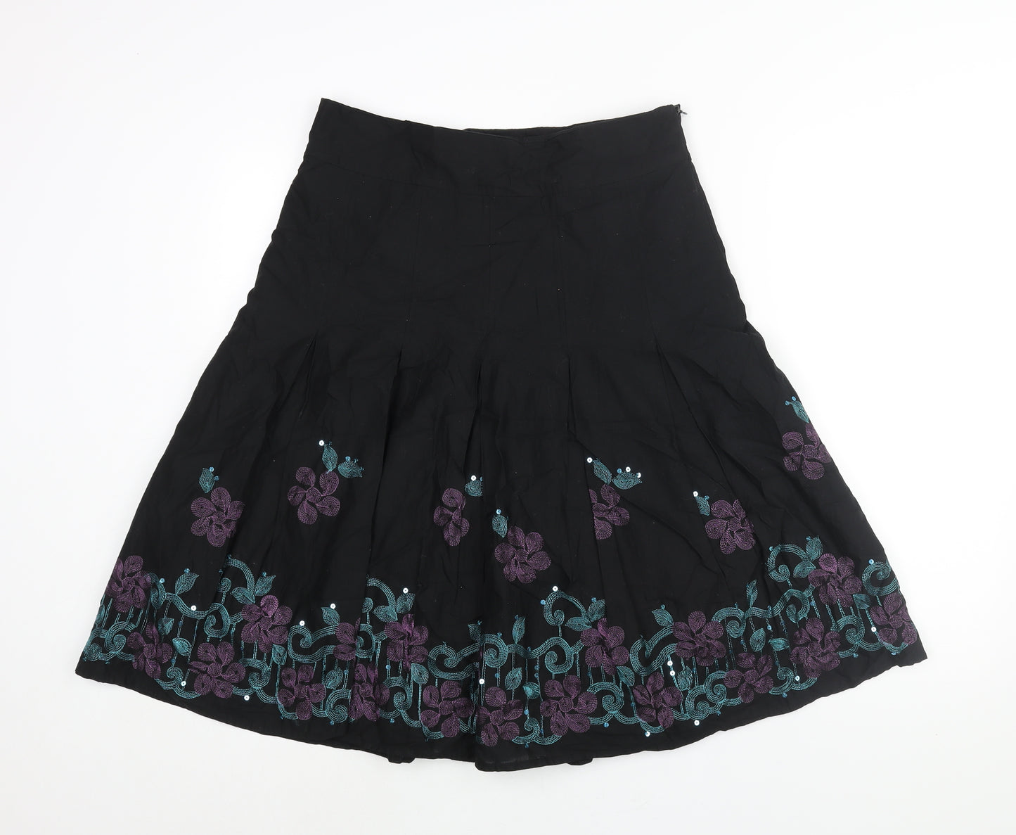 Bonmarché Womens Black Cotton A-Line Skirt Size 12 Zip - Floral Embroidery Sequin