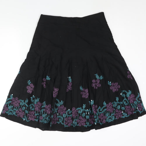 Bonmarché Womens Black Cotton A-Line Skirt Size 12 Zip - Floral Embroidery Sequin