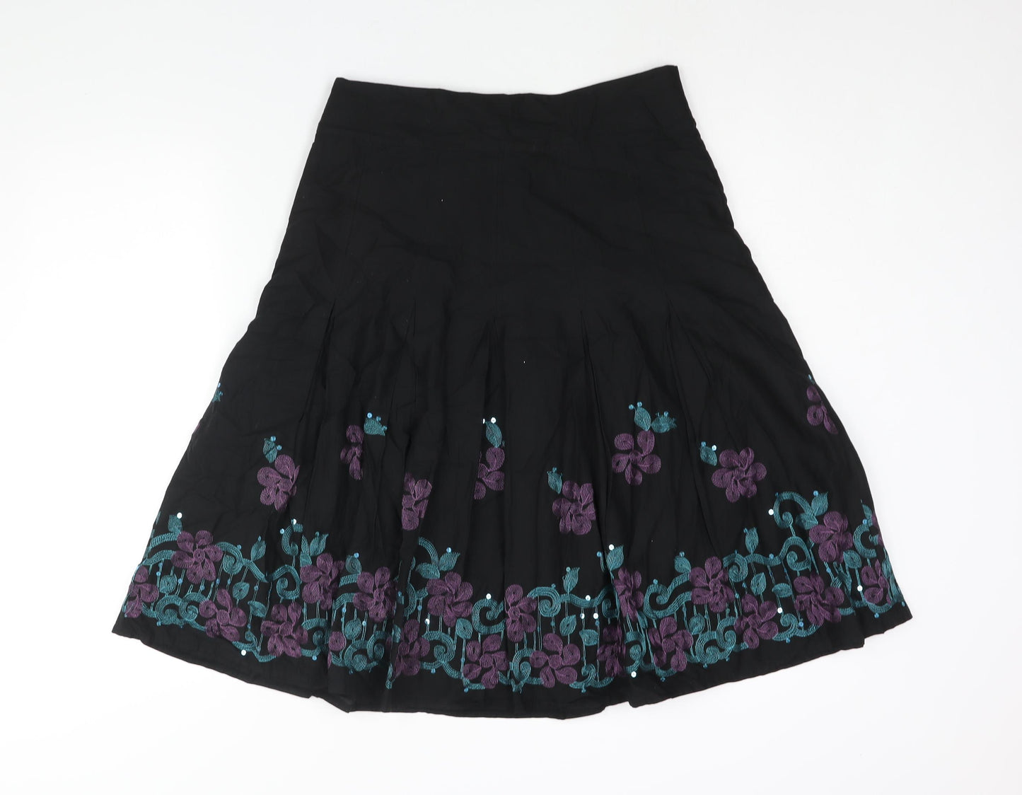 Bonmarché Womens Black Cotton A-Line Skirt Size 12 Zip - Floral Embroidery Sequin