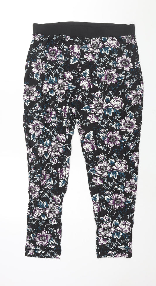 Yoursa Womens Black Floral Viscose Harem Trousers Size 18 L31 in Regular