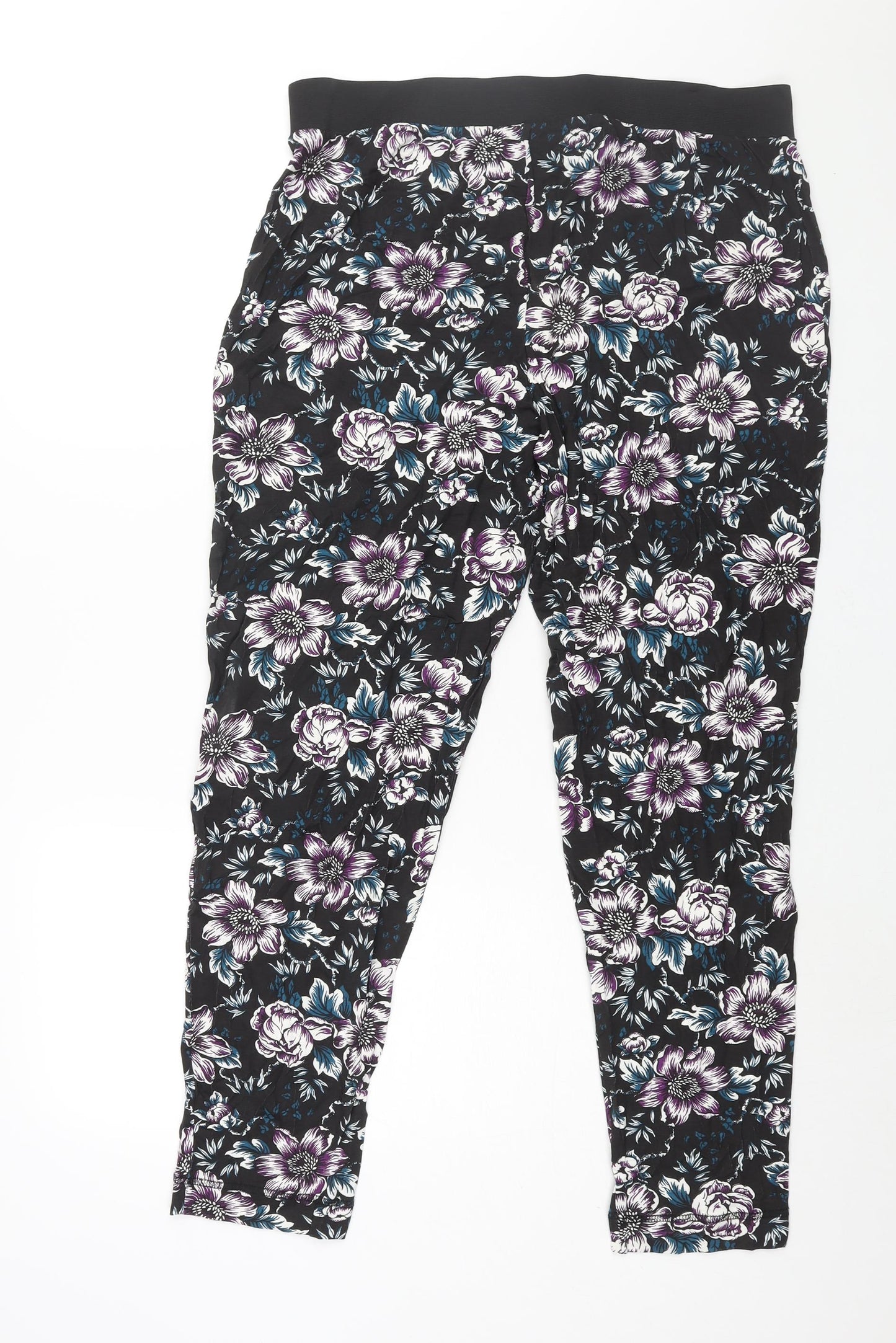 Yoursa Womens Black Floral Viscose Harem Trousers Size 18 L31 in Regular