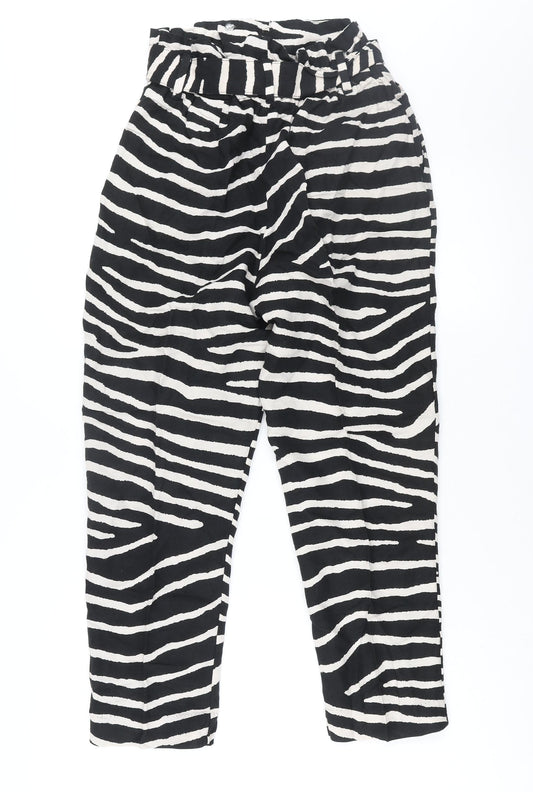 H&M Womens Black Animal Print Linen Trousers Size 12 L25 in Regular Zip - Belted Elasticated Waist Zebra Print