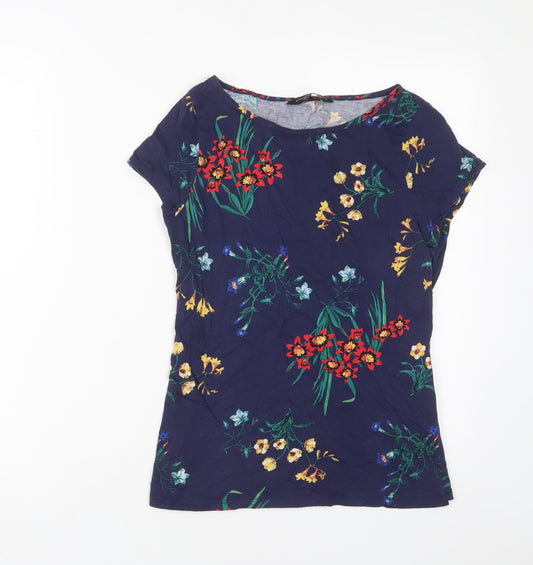 Dorothy Perkins Womens Blue Floral Cotton Basic T-Shirt Size 12 Boat Neck