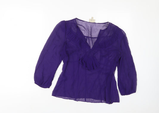 Karen Millen Womens Purple Polyester Basic Blouse Size 12 V-Neck - Pleated