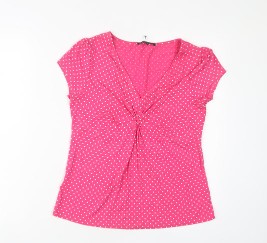 Laura Ashley Womens Pink Polka Dot Viscose Basic T-Shirt Size 12 V-Neck