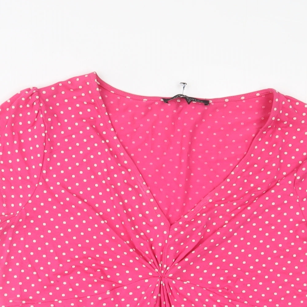 Laura Ashley Womens Pink Polka Dot Viscose Basic T-Shirt Size 12 V-Neck