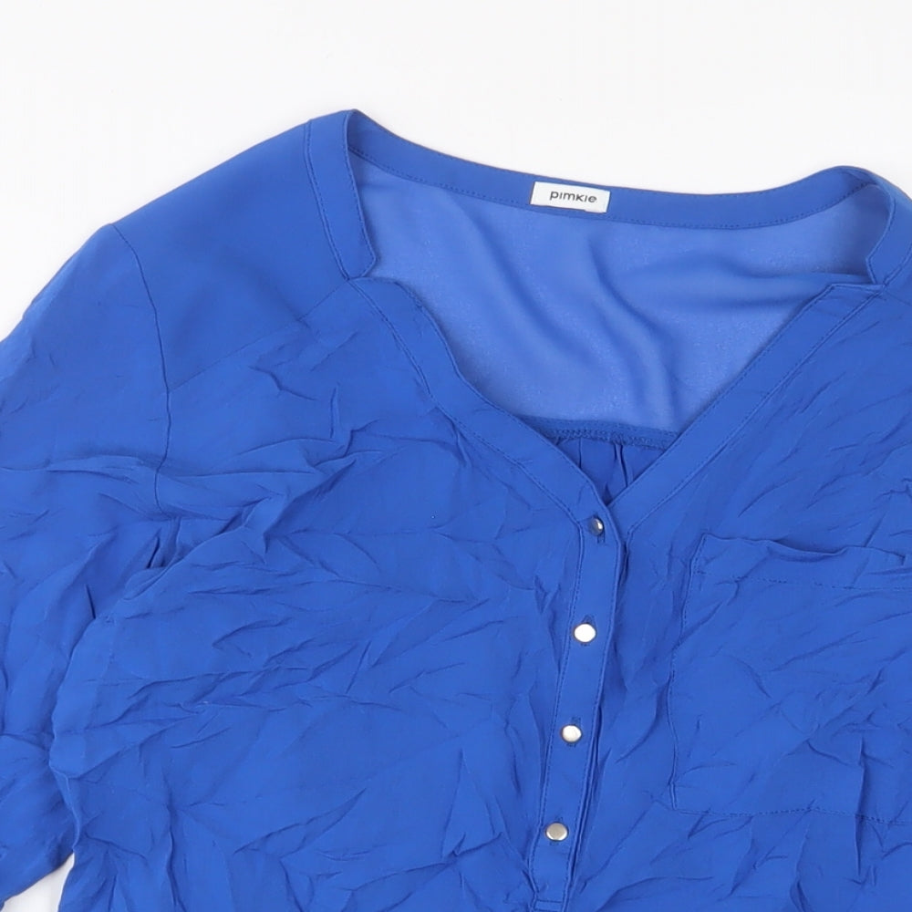 Pimkie Womens Blue Polyester Basic Button-Up Size S Crew Neck