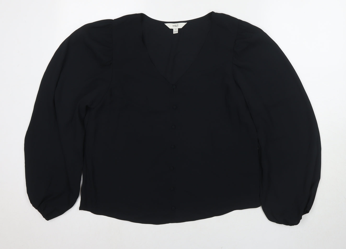 Marks and Spencer Womens Black Polyester Basic Blouse Size 12 V-Neck