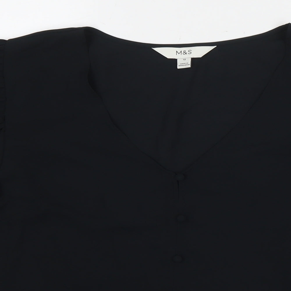 Marks and Spencer Womens Black Polyester Basic Blouse Size 12 V-Neck